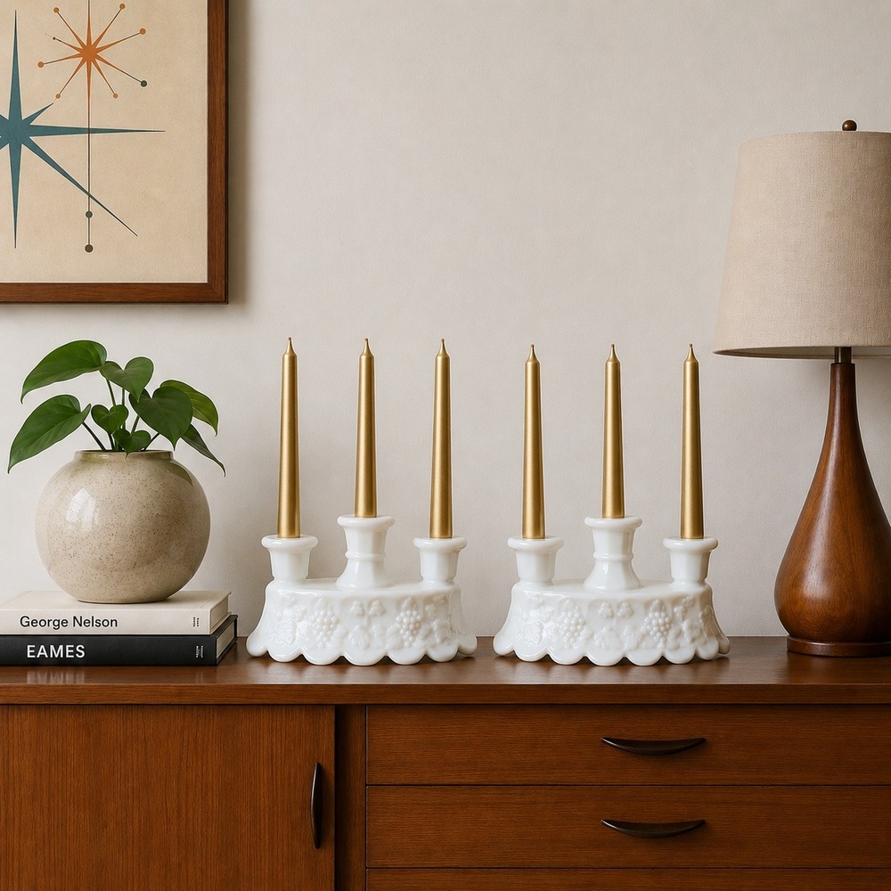 Westmoreland Milk Glass Grape Triple Candelabra Pair Scalloped Base Set 2